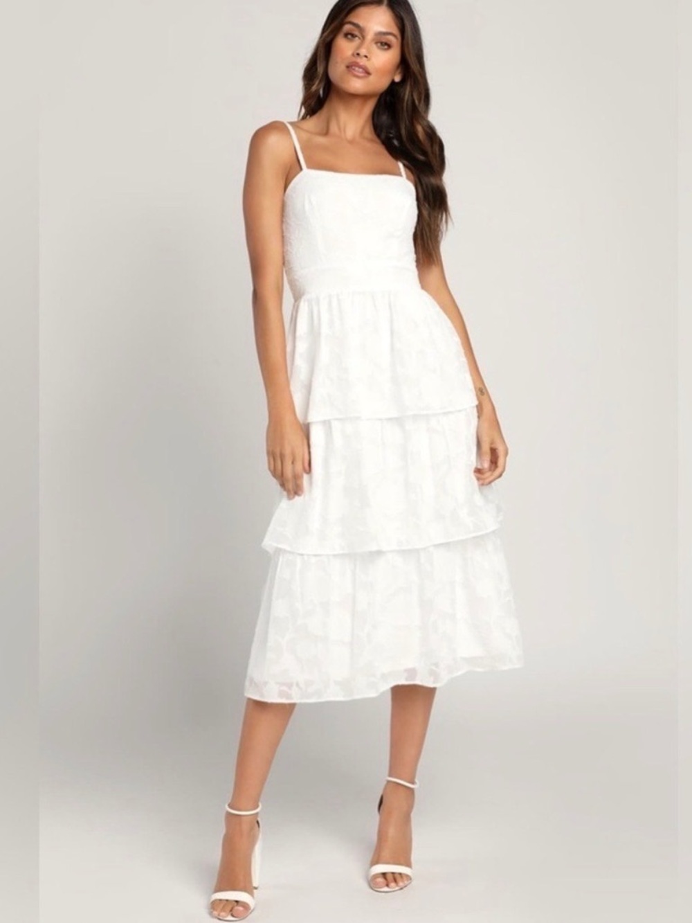 Lulus Grace and Beauty NWOT size Large White Burnout Floral Print Tiered Dress